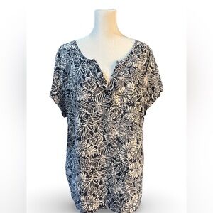 Women’s Navy White Tropical Leaf Print Blouse Top Short Sleeve V Neck Casual XL